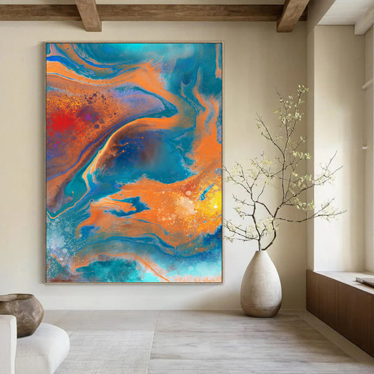 “Vibrant Fluid Abstraction” - Blue, Orange & Red Marbled - Effect Painting On Canvas DKH0940