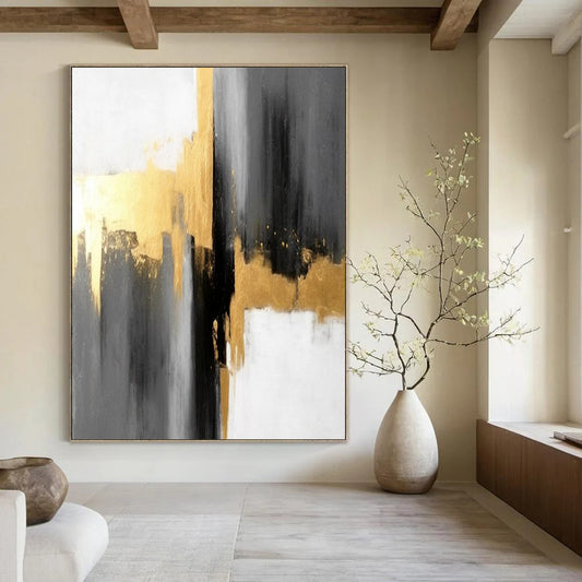 “Gray - Gold - White Abstract” - Abstract Expressionist Painting On Canvas DTP076