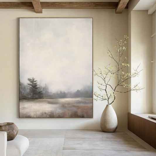 “Lonely Pine in Mist” – Impressionistic Landscape Oil Painting with Gray and Beige Hues CT2058