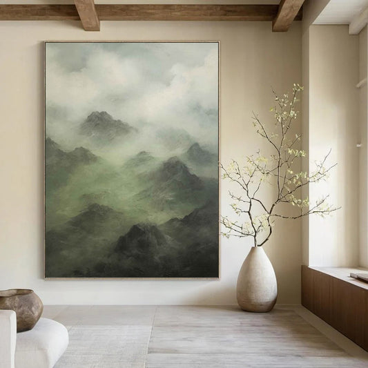 Misty Mountain Landscape in Green and Gray - Landscape Painting On Canvas DKH1480