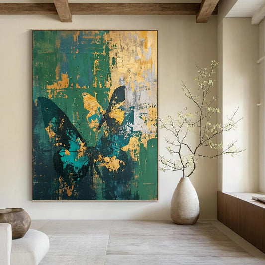 Green & Gold Butterfly Abstract - Nature - Inspired Abstract Painting On Canvas CT2287