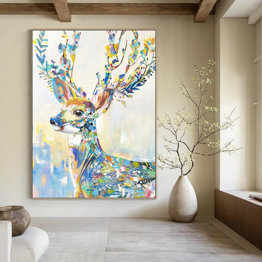“Colorful Floral Deer” - Colorful Whimsical Animal Painting On Canvas CT2209