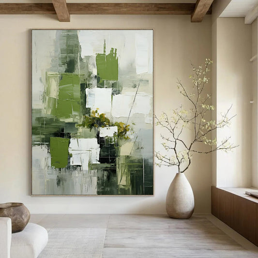 Green & White Geometric Floral - Abstract Still - Life Painting On Canvas CT2264