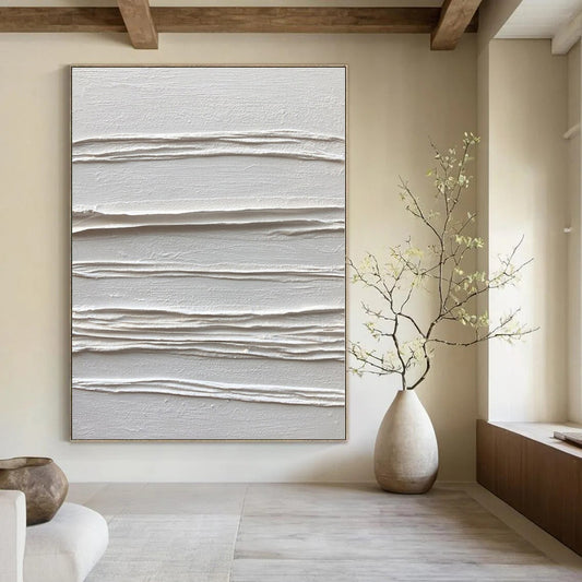 White Textured Linear Abstraction - Minimalist Textured Acrylic On Canvas CT1347