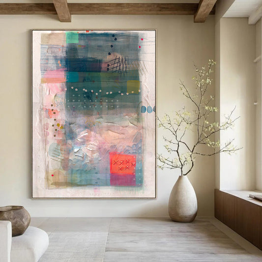 Blue, Pink, Textured Collage - "Coastal Patchwork" - Mixed - media Abstract Art CT1858