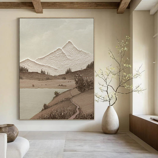 “Monochrome Mountain Serenity - Brown, White Textured Landscape” Painting On Canvas DTP268
