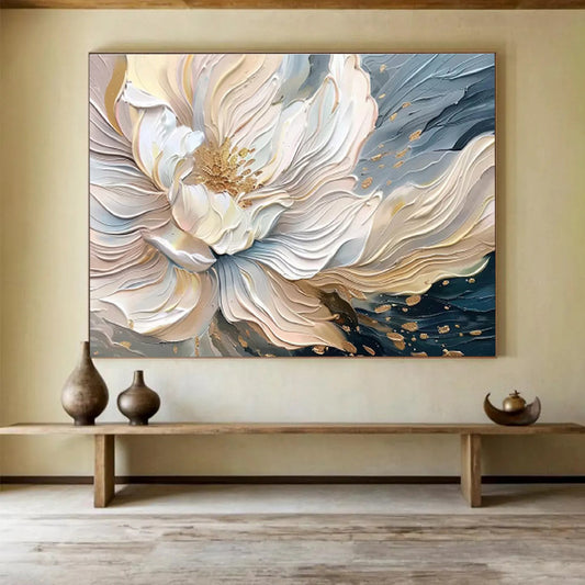 “Gilded Bloom” - White, Gold, Blue Textured Floral Impasto Painting On Canvas DKH703