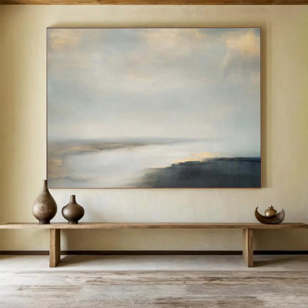Soft Gray and Beige Seascapes “Foggy Morning Tide” Painting On Canvas DKH108