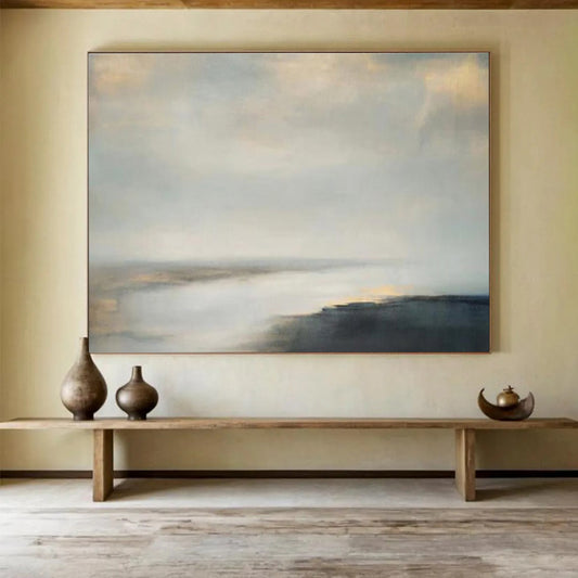 Soft Gray and Beige Seascapes “Foggy Morning Tide” Painting On Canvas DKH108