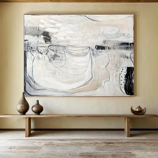 Monochrome Abstract with Linear Details “Ethereal Monochrome” Painting On Canvas DKH074