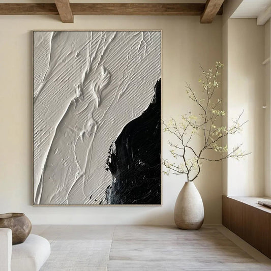 White and Black Textured Contrast - Abstract Painting On Canvas DKH1328
