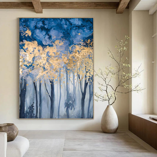 “Blue - Gold Forest Enchantment” - Blue, Gold & Gray Tree - Themed Painting On Canvas DKH0936