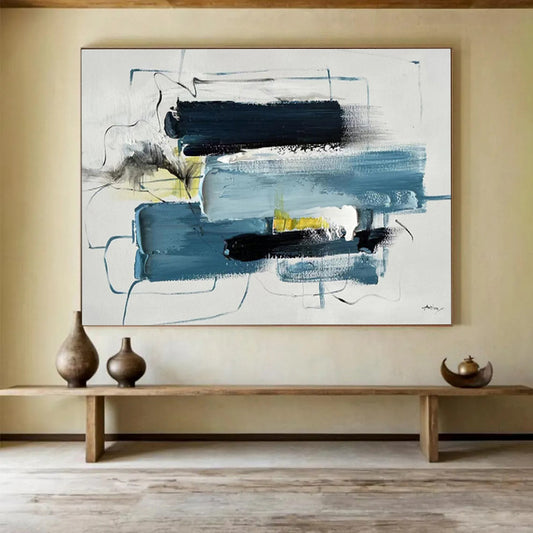 Layered Blue and Yellow Abstract Painting On Canvas DKH318