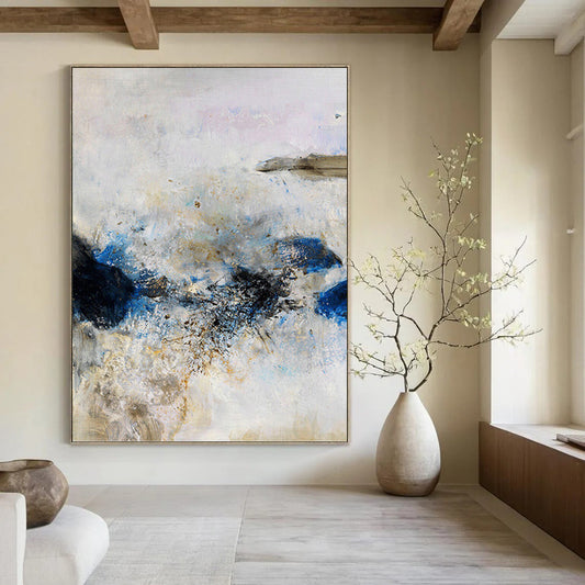 “Soft Storm” - Blue, Gray & Gold Abstract Impasto Painting On Canvas DKH1521