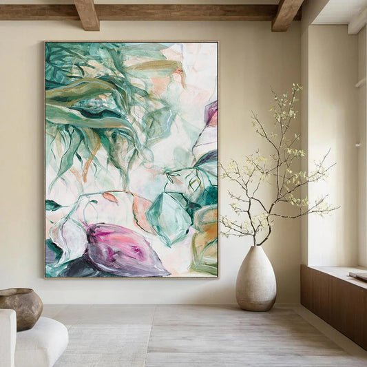 Green Leaves, Pink Blooms - "Dreamy Botanicals" - Abstract Floral Painting CT1850