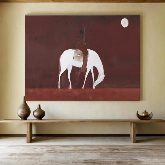 “Moonlit Rider in Rust” - White, Brown, Red Minimalist Figure Painting On Canvas DKH732