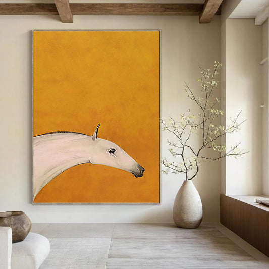 Minimalist White Horse on Orange Background - Equine Painting On Canvas DKH1427