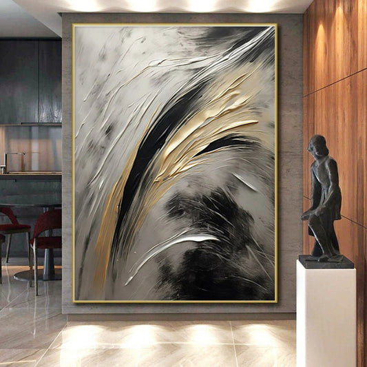 “Gray - Black - Gold Flowing Textures” ,Abstract Acrylic Painting CT0834