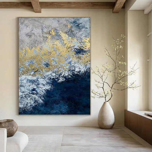 “Gold - Blue Waves” - Blue, Gray & Gold Abstract Ocean - Inspired Painting On Canvas DKH1549
