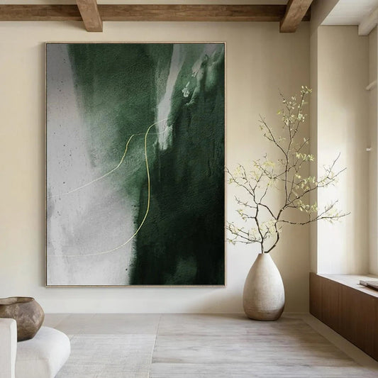 “Green & Gray With Yellow Line” - Green, Gray & Yellow Abstract Painting On Canvas DKH1209