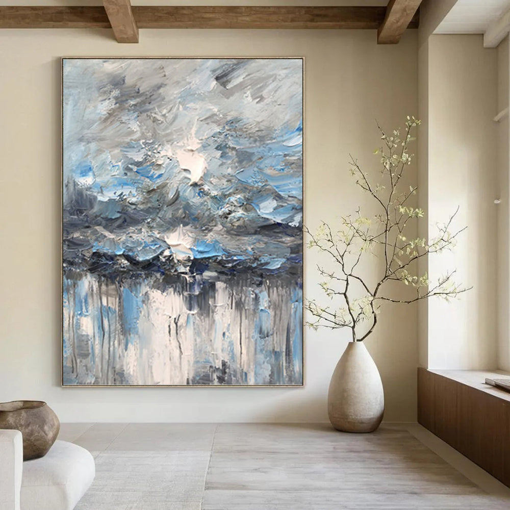 Blue - Gray Sky and Water Drip - Abstract Impasto Painting On Canvas DKH1291