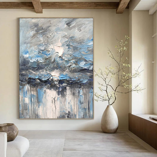 Blue - Gray Sky and Water Drip - Abstract Impasto Painting On Canvas DKH1291