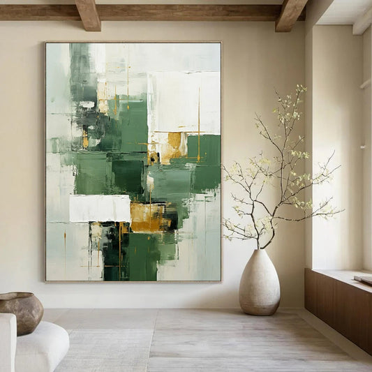 Green, White & Gold Geometric Abstract - Geometric Abstract Painting On Canvas CT2292
