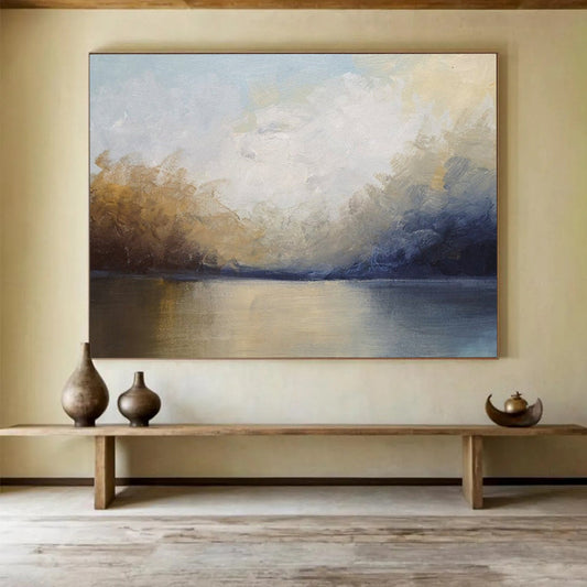 “Blue, Gold, Gray Lakeside ‘Tranquil Dusk’” - Abstract Landscape Painting On Canvas DLZ009