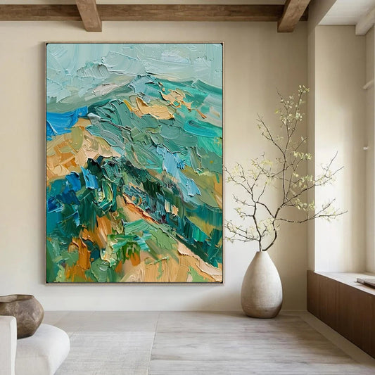 “Textured Green & Blue Mountainscape” – Impasto Landscape Painting On Canvas CT2120