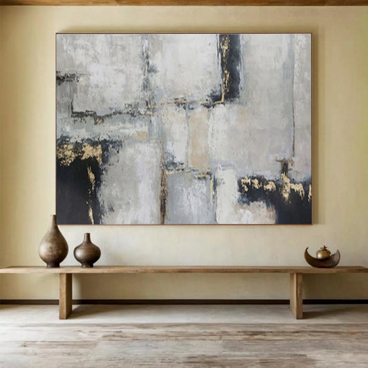 “Gray, Black & Gold Geometric Abstraction” Abstract Textured Painting On Canvas DKH351