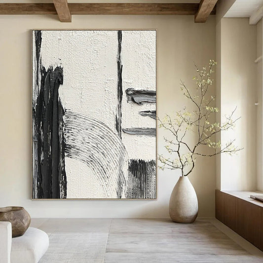 “White, Black Textured Shapes ‘Quiet Contrast’” - Impasto Abstract Painting On Canvas DTP386