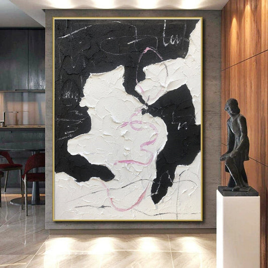 Black, White & Pink Textured Forms, “Playful Chaos” - Impasto Abstract Painting CT0773