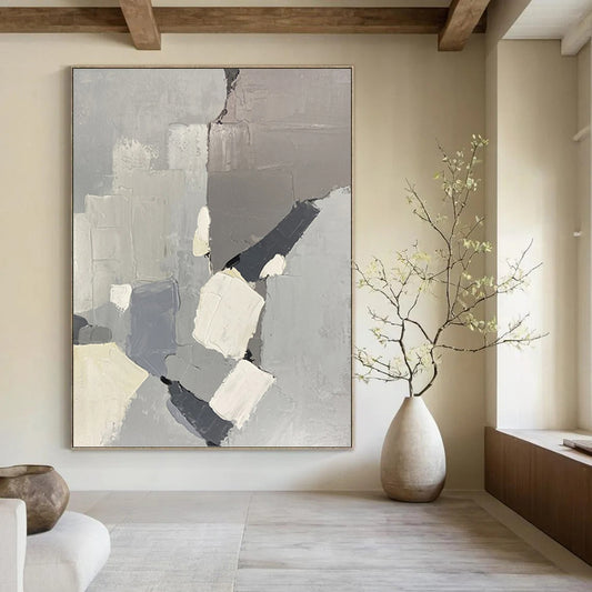 “Gray - Toned Geometric Abstraction” - Gray, White & Black Abstract Geometric Shapes Painting On Canvas DKH1586