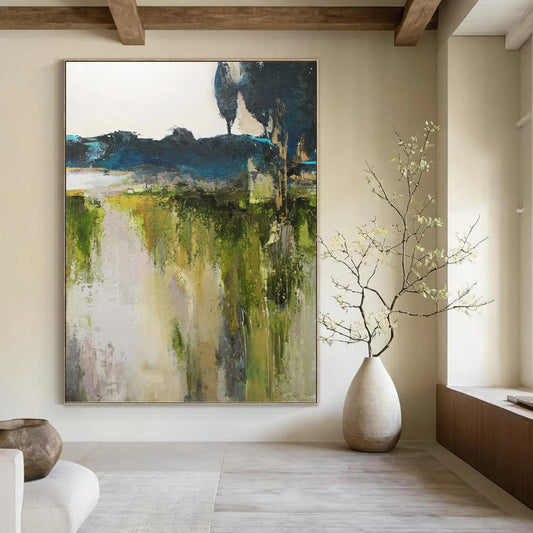 “Abstract Landscape Revisited” - Green, Blue, Gray & White Nature - Inspired Painting On Canvas DKH1022