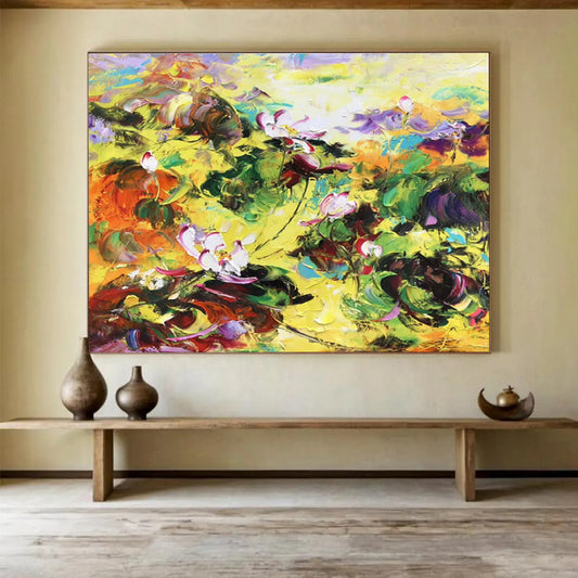 Vibrant Lotus Pond - Expressionistic Floral Painting On Canvas DKH635