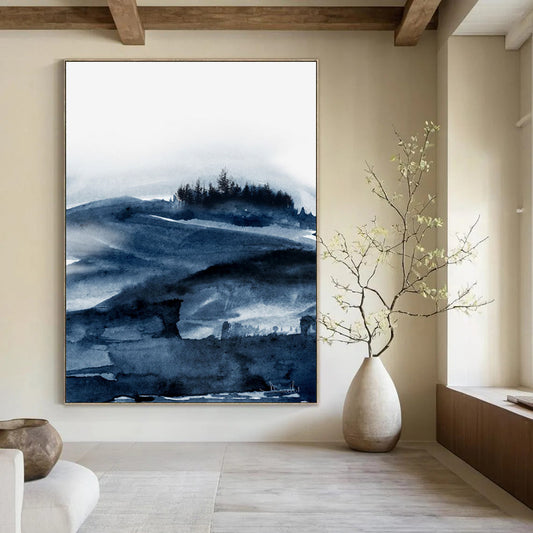 “Blue Watercolor Landscape” - Blue, White Abstract Landscape Painting On Canvas DTP230