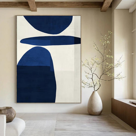 “Bold Blue Shapes on White” – Abstract Geometric Painting CT1063