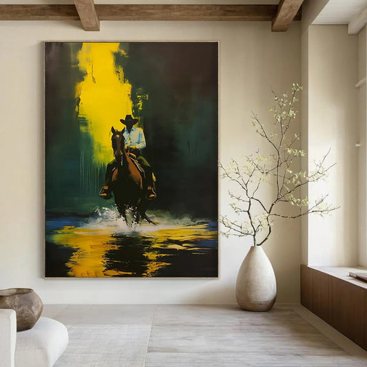 “Cowboy on Horse in Yellow - Green” - Dramatic Western - Inspired Painting On Canvas DTP104