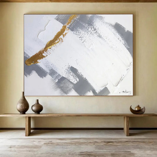 Gold Accent Gray and White Abstract Painting On Canvas DKH317