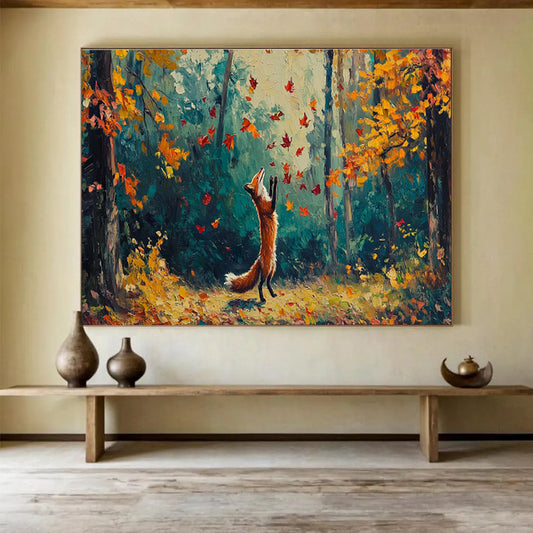 “Autumn Fox Frolic” - Orange, Yellow, Red Forest & Animal Oil Painting On Canvas DKH701