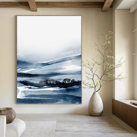 “Blue - White Ink Landscape” - Blue, White Abstract Landscape Painting On Canvas DTP231