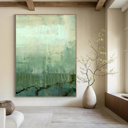 “Green - Blue Abstract Landscape” - Green, Blue & Gray Textured Painting On Canvas DKH0952