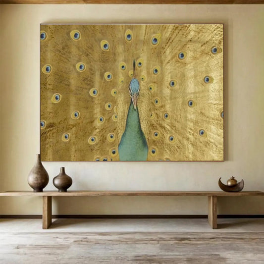 “Golden Peacock Display” - Gold, Blue, Green Realistic Bird Painting On Canvas DKH740
