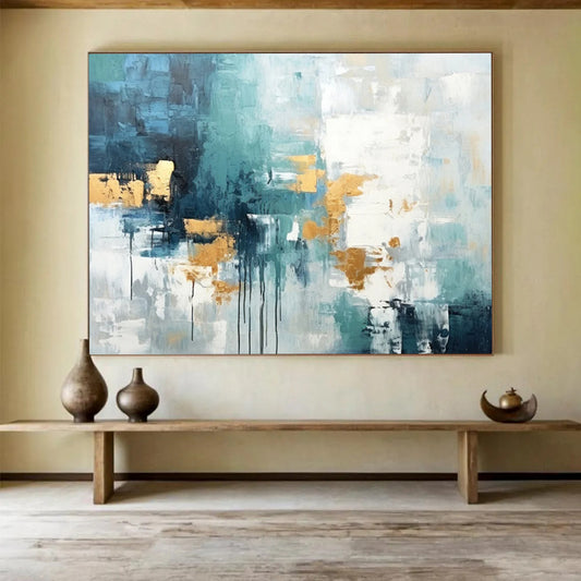 “Teal - Blue And Gold Abstract Drizzle” Abstract Painting On Canvas DLZ073