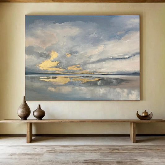 “Cloudy Sky Reflections” - Gray, Gold & Blue Atmospheric Landscape Painting On Canvas DLZ253