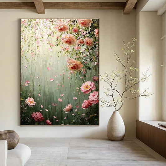 “Blush Blossoms” - Green, Pink & White Floral Waterfall Painting On Canvas DKH1553
