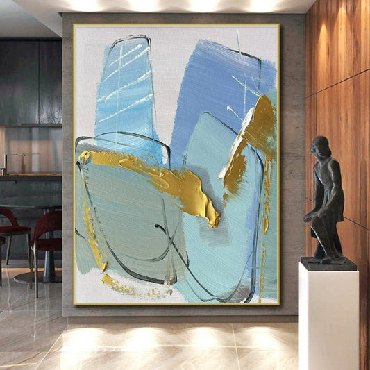 “Blue - Gold - Gray Geometric Abstraction” ,Abstract Acrylic Painting CT0796