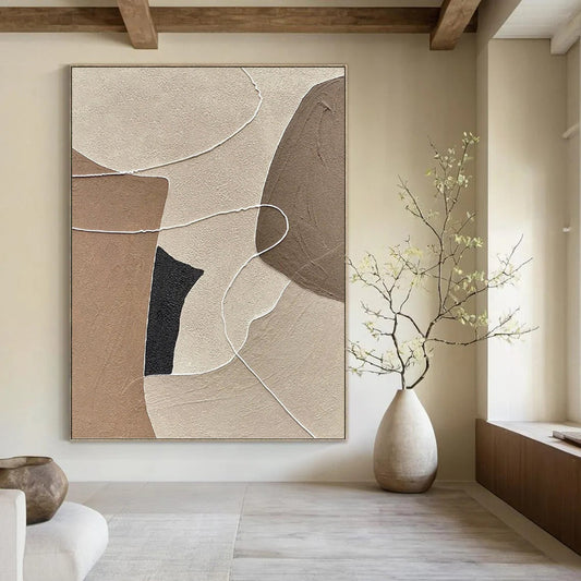 “Neutral - Toned Abstract with White Lines and Shapes” - Minimalist Textured Painting On Canvas DKH1112
