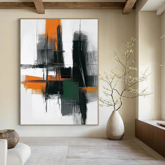 Urban Blocks: Orange, Grey & Green - Abstract Cityscape Acrylic CT1244