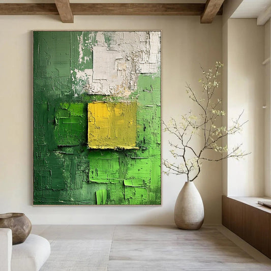 “Green - Yellow Textured Squares” - Impasto Abstract Painting On Canvas DTP029